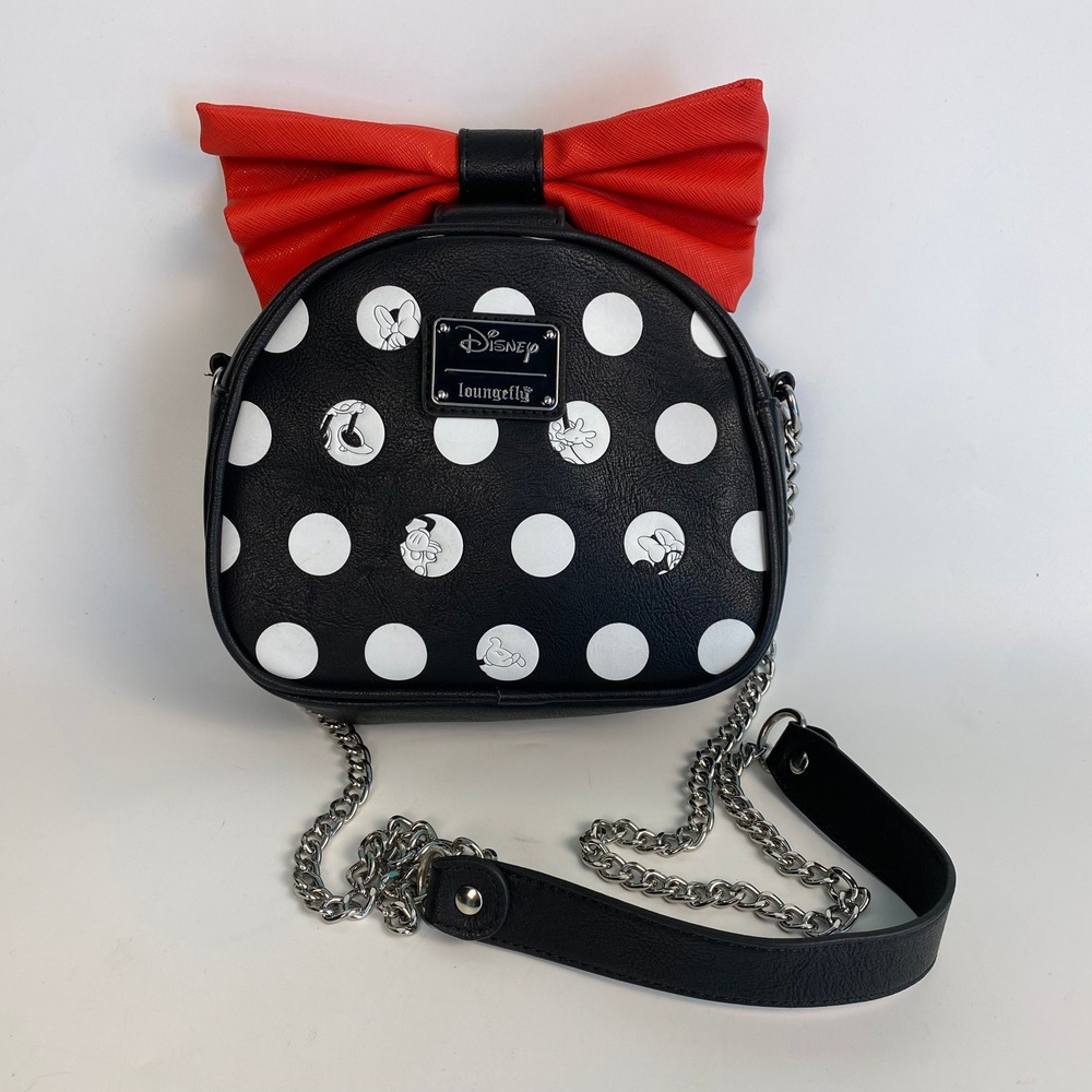 Disney Minnie Mouse Black White Polka Dot Crossbody Bag Red Bow Chain Strap